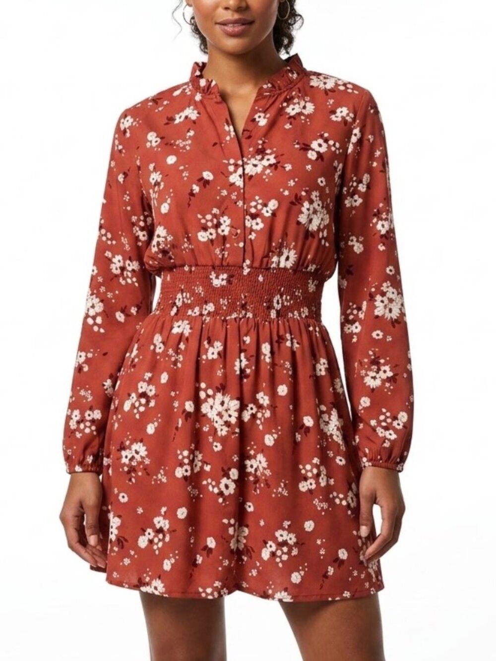 J For Justify Cottagecore Rust Floral Smocked Waist High Neck Mini Dress S